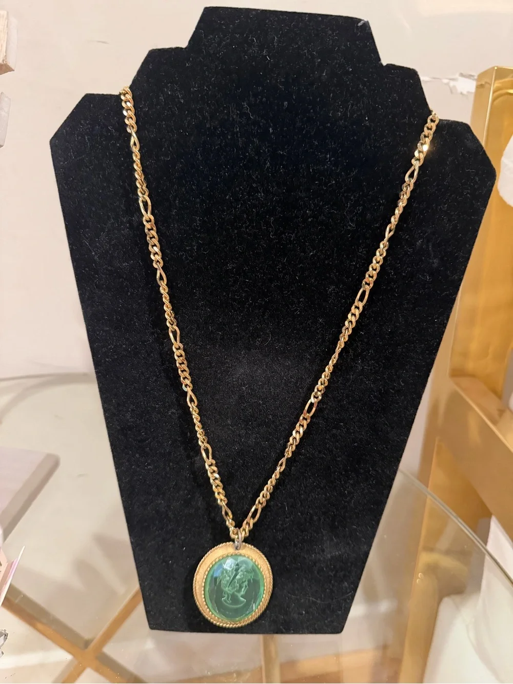 Monet Gold-Tone Necklace with Green Oval Cameo Pendant